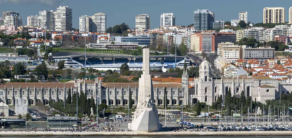 the Padrão dos Descobrimentos (Monument to the Discoveries) and the Jerónimos Monastery in the Belém district of Lisbon, Portugal.